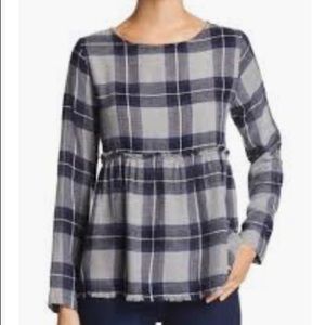 BELLA DAHL LONG SLEEVE GREY + NAVY PLAID TOP